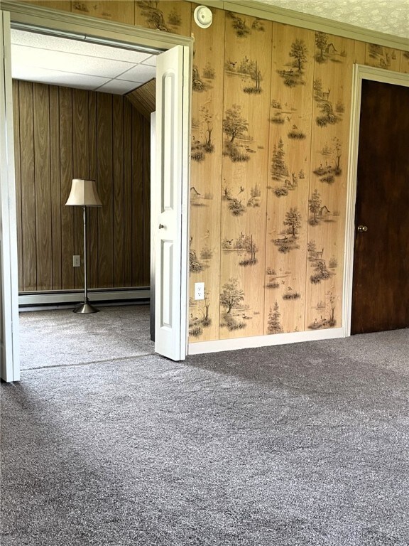 25 W Greenwood St, Andover, NY 14806 - interior space featuring wooden walls, carpet floors, and a baseboard heating unit