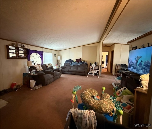 carpeted living room with a textured ceiling and ornamental molding