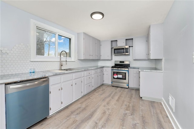 kitchen featuring visible vents, light wood-type flooring, a sink, backsplash, and stainless steel appliances