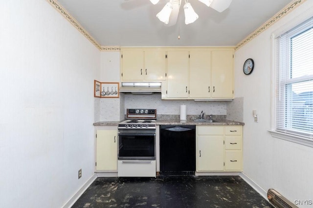 314 Westlind Rd, Geddes, NY 13219 - kitchen with black dishwasher, under cabinet range hood, cream cabinetry, electric stove, and backsplash