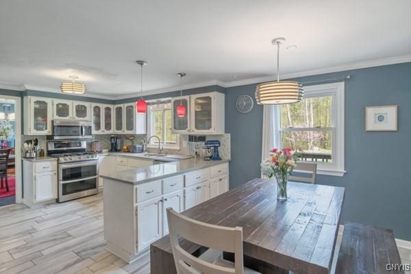 kitchen with a sink, white cabinets, a peninsula, glass insert cabinets, and stainless steel appliances