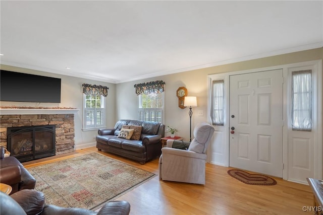 living area featuring crown molding, wood finished floors, and a fireplace