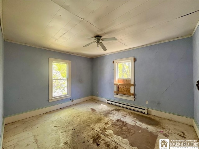 unfurnished room featuring crown molding, a ceiling fan, baseboards, and baseboard heating