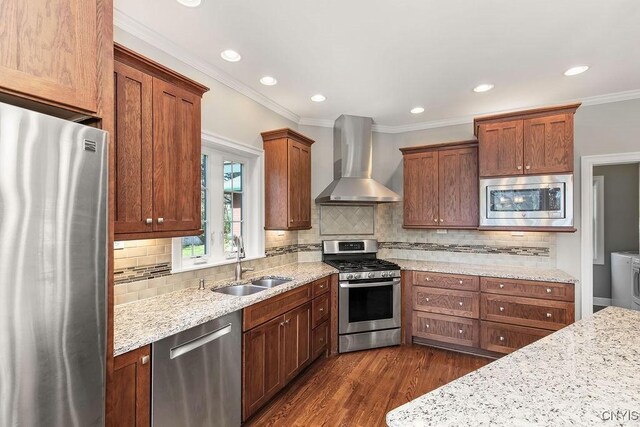 3830 Rippleton Rd, Cazenovia, NY 13035 - kitchen with crown molding, wall chimney exhaust hood, a sink, dark wood finished floors, and stainless steel appliances
