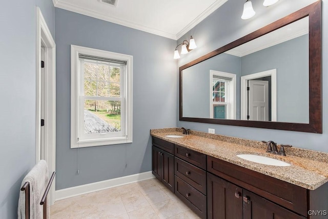 3830 Rippleton Rd, Cazenovia, NY 13035 - bathroom with baseboards, a sink, double vanity, and ornamental molding