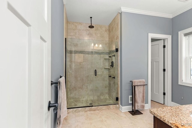 3830 Rippleton Rd, Cazenovia, NY 13035 - bathroom featuring crown molding, baseboards, a shower stall, and vanity