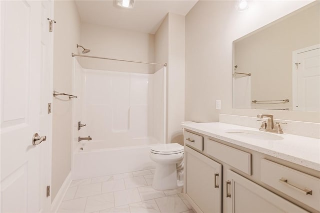 full bath with vanity, bathtub / shower combination, toilet, and marble finish floor
