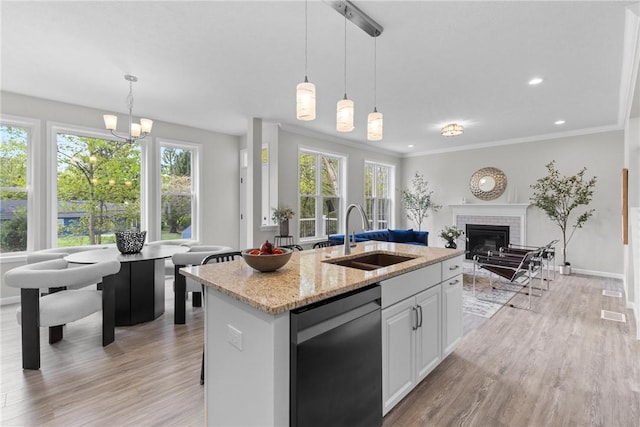 kitchen featuring a sink, plenty of natural light, light wood-type flooring, and dishwasher
