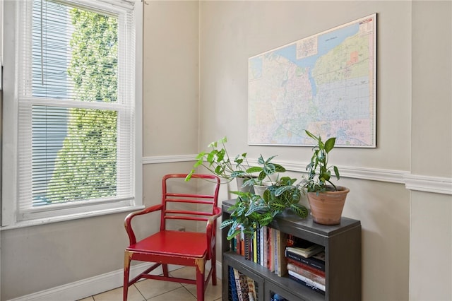 living area featuring tile patterned flooring, baseboards, and a wealth of natural light