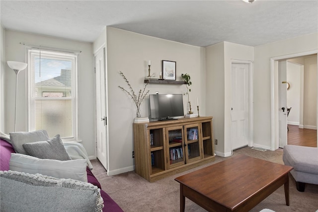 living area featuring baseboards and carpet floors