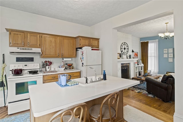kitchen with a sink, ventilation hood, a textured ceiling, and white appliances