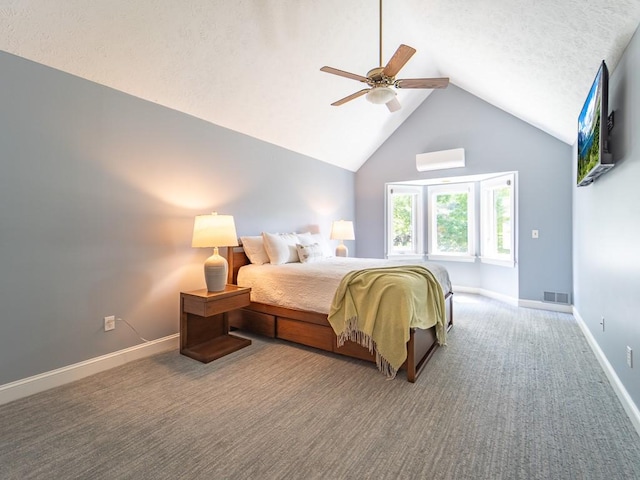 bedroom featuring ceiling fan, visible vents, a wall mounted air conditioner, baseboards, and carpet