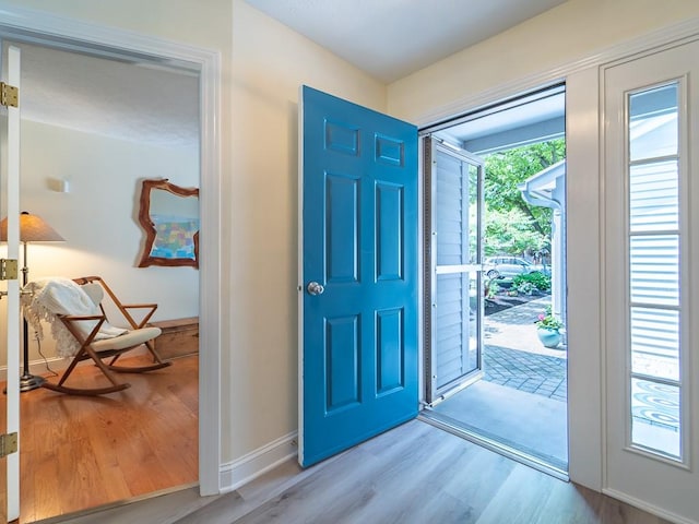 foyer entrance with baseboards and wood finished floors