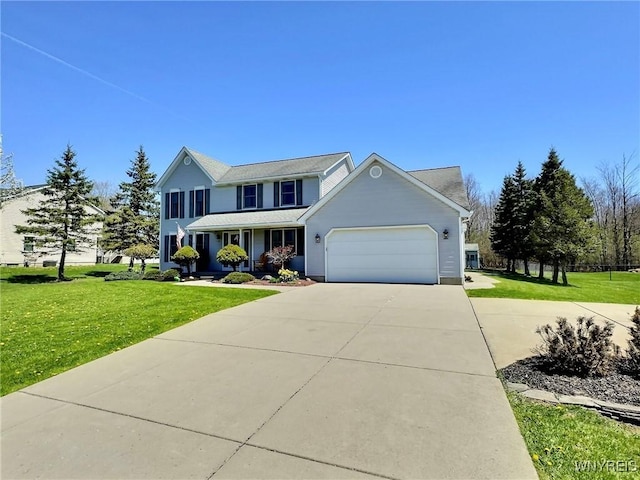 view of front of house featuring concrete driveway, a garage, covered porch, and a front lawn
