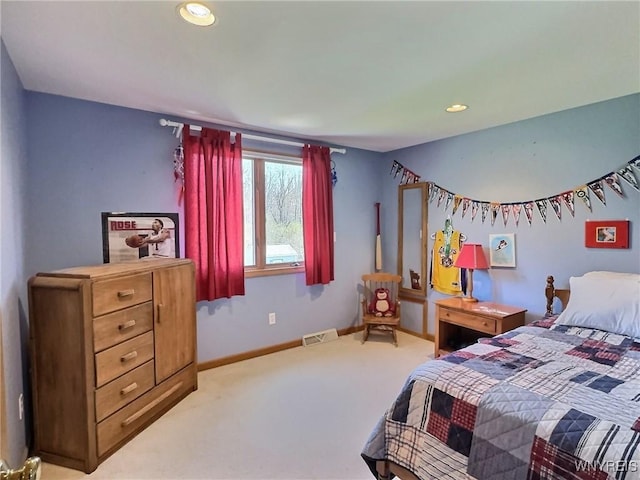 bedroom with recessed lighting, visible vents, baseboards, and carpet floors