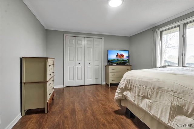 bedroom featuring crown molding, a closet, baseboards, and dark wood-type flooring