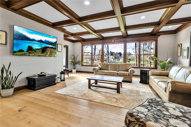 living room featuring baseboards, coffered ceiling, and beam ceiling