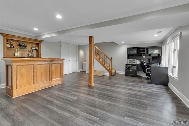 bar with baseboards, ornamental molding, stairs, and dark wood-style floors