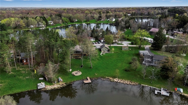 aerial view with a water view and a view of trees