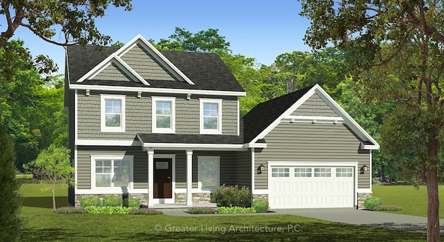 271 W Hill Ests, Greece, NY 14626 - craftsman-style house with concrete driveway, a porch, a front yard, and stone siding