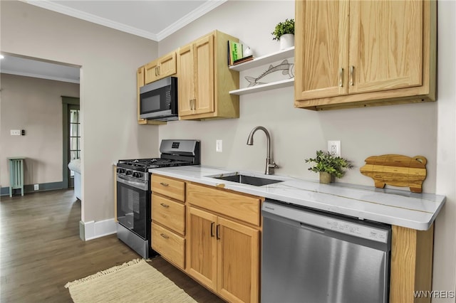 kitchen with crown molding, open shelves, dark wood finished floors, a sink, and stainless steel appliances