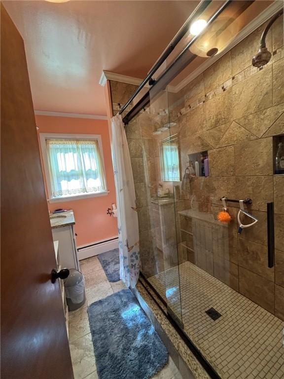 1001 W Broad St, Horseheads, NY 14845 - full bathroom featuring crown molding, tile patterned flooring, a stall shower, vanity, and a baseboard heating unit