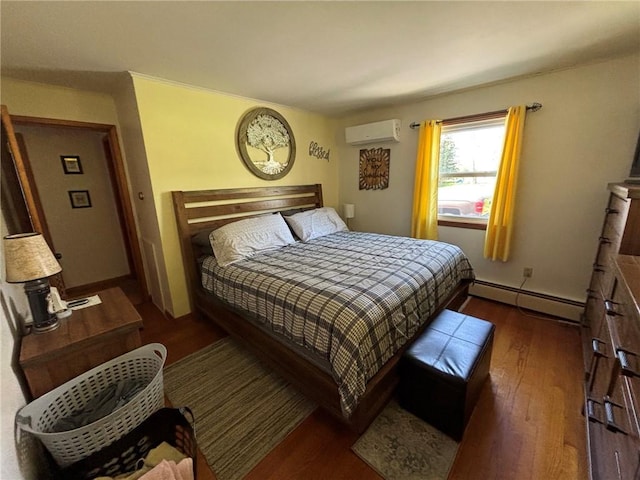 1001 W Broad St, Horseheads, NY 14845 - bedroom with wood finished floors, a baseboard radiator, and a wall unit AC