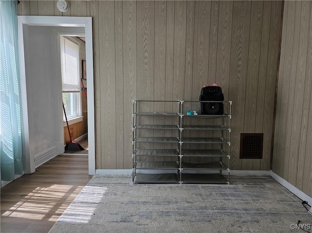 details featuring visible vents, baseboards, and wooden walls