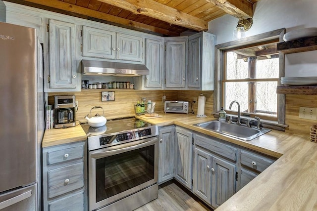 851 Lower Meeker Hollow Rd, Roxbury, NY 12474 - kitchen featuring appliances with stainless steel finishes, beam ceiling, a sink, under cabinet range hood, and gray cabinetry