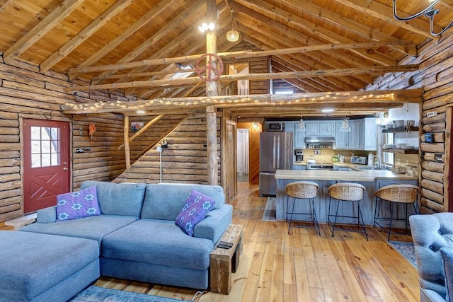 851 Lower Meeker Hollow Rd, Roxbury, NY 12474 - living area with wood ceiling, high vaulted ceiling, beamed ceiling, rustic walls, and light wood finished floors