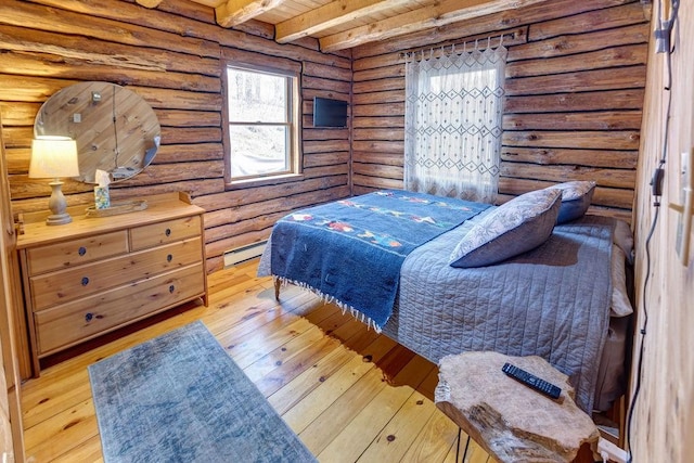 851 Lower Meeker Hollow Rd, Roxbury, NY 12474 - bedroom with log walls, beam ceiling, light wood finished floors, and a baseboard radiator