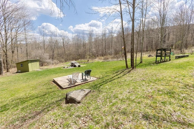 851 Lower Meeker Hollow Rd, Roxbury, NY 12474 - view of yard with a storage unit, an outbuilding, and a wooded view