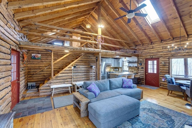851 Lower Meeker Hollow Rd, Roxbury, NY 12474 - living room featuring log walls, high vaulted ceiling, a ceiling fan, light wood finished floors, and a skylight