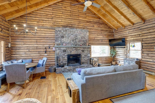 851 Lower Meeker Hollow Rd, Roxbury, NY 12474 - living area featuring high vaulted ceiling, wooden ceiling, and beam ceiling
