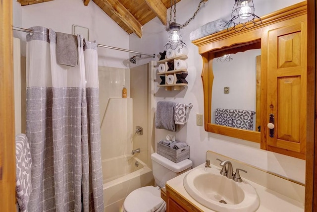 851 Lower Meeker Hollow Rd, Roxbury, NY 12474 - bathroom featuring lofted ceiling with beams, vanity, shower / bath combo with shower curtain, toilet, and wooden ceiling