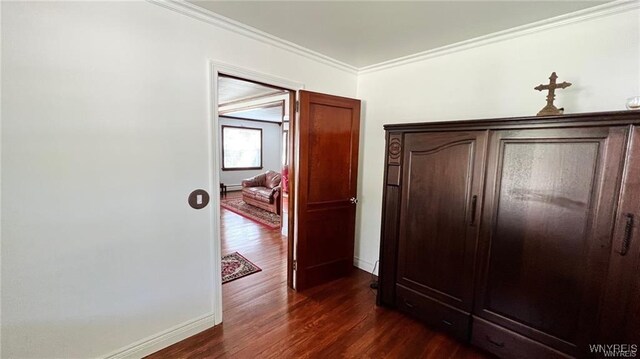 3319 Riverside Dr, Scio, NY 14895 - hallway featuring dark wood-type flooring, a baseboard radiator, baseboards, and crown molding