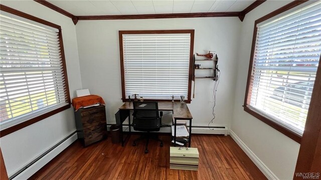 3319 Riverside Dr, Scio, NY 14895 - home office featuring a baseboard heating unit, ornamental molding, and wood finished floors