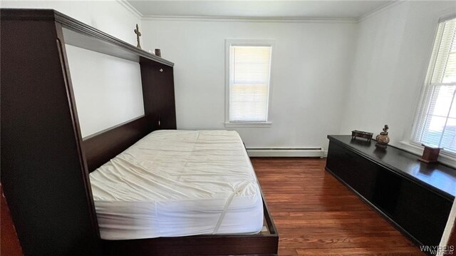 3319 Riverside Dr, Scio, NY 14895 - bedroom featuring dark wood-style flooring, ornamental molding, and a baseboard radiator
