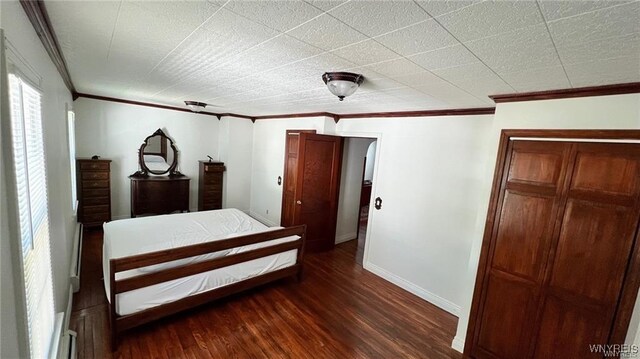 3319 Riverside Dr, Scio, NY 14895 - bedroom with crown molding, baseboards, and dark wood-type flooring