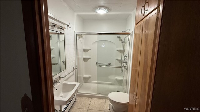 3319 Riverside Dr, Scio, NY 14895 - bathroom with toilet, a baseboard radiator, tile patterned floors, a sink, and a stall shower