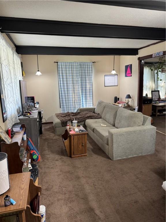 carpeted living area featuring beam ceiling