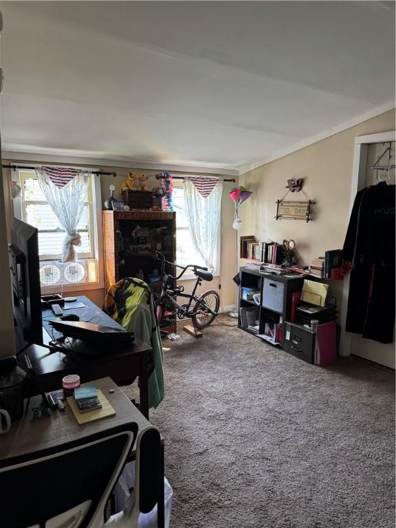 home office with ornamental molding and carpet flooring