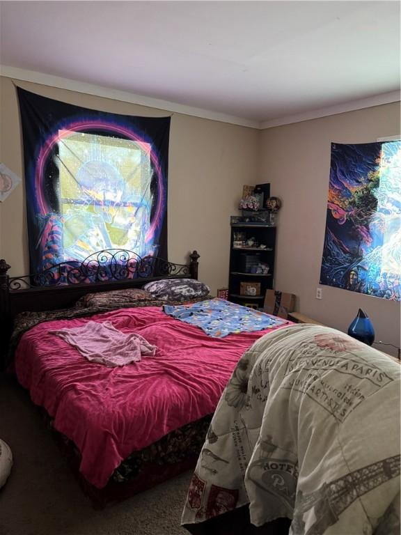 bedroom featuring carpet flooring and ornamental molding