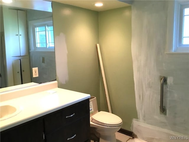bathroom with vanity, a walk in shower, and toilet
