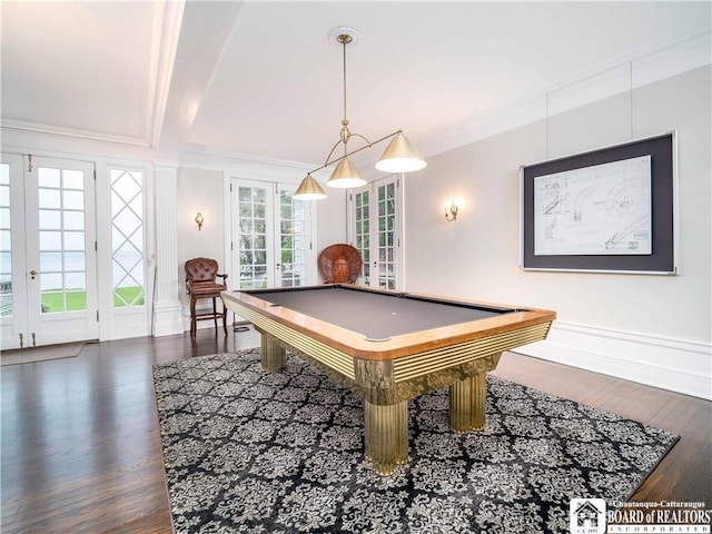 rec room featuring billiards, french doors, crown molding, wood finished floors, and baseboards