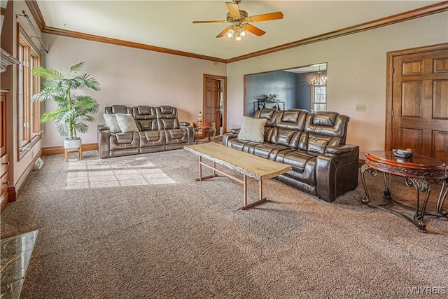 2575 Fuller Rd, Newfane, NY 14028 - living area featuring carpet floors, crown molding, baseboards, and ceiling fan
