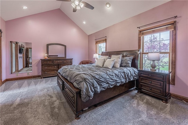 2575 Fuller Rd, Newfane, NY 14028 - carpeted bedroom featuring recessed lighting, baseboards, ceiling fan, and high vaulted ceiling