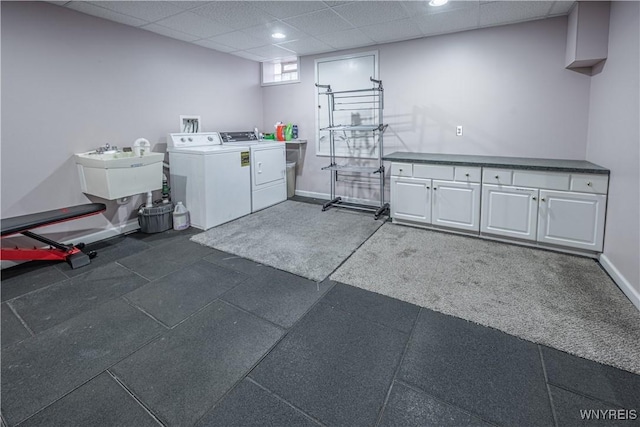2575 Fuller Rd, Newfane, NY 14028 - washroom featuring cabinet space, a sink, recessed lighting, baseboards, and washer and clothes dryer