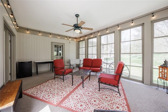 sunroom with rail lighting and a wealth of natural light