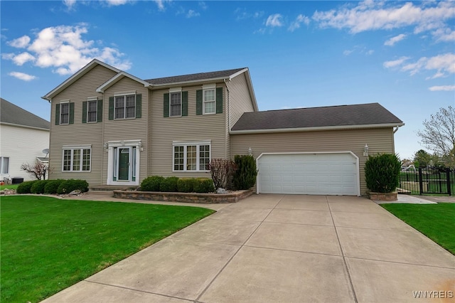 colonial inspired home with fence, a front lawn, a garage, central air condition unit, and driveway